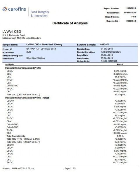 LVWell CBD Silver Seal 1000mg 30ml Hemp Seed Oil