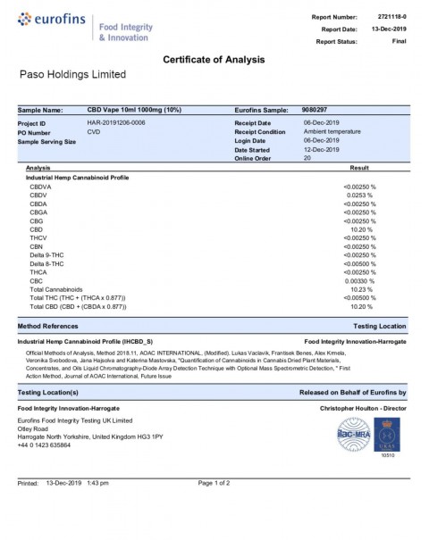 Paso 1000mg CBD Vaping Liquid 10ml (70PG/30VG)