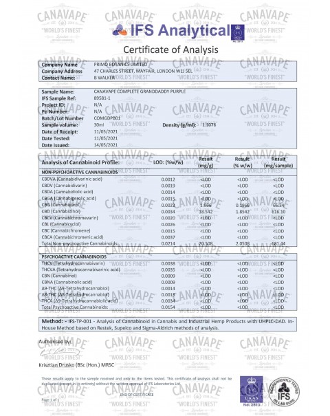 Canavape® Complete 600mg CBD 60mg CBG 30ml E-liquid (70VG/30PG)